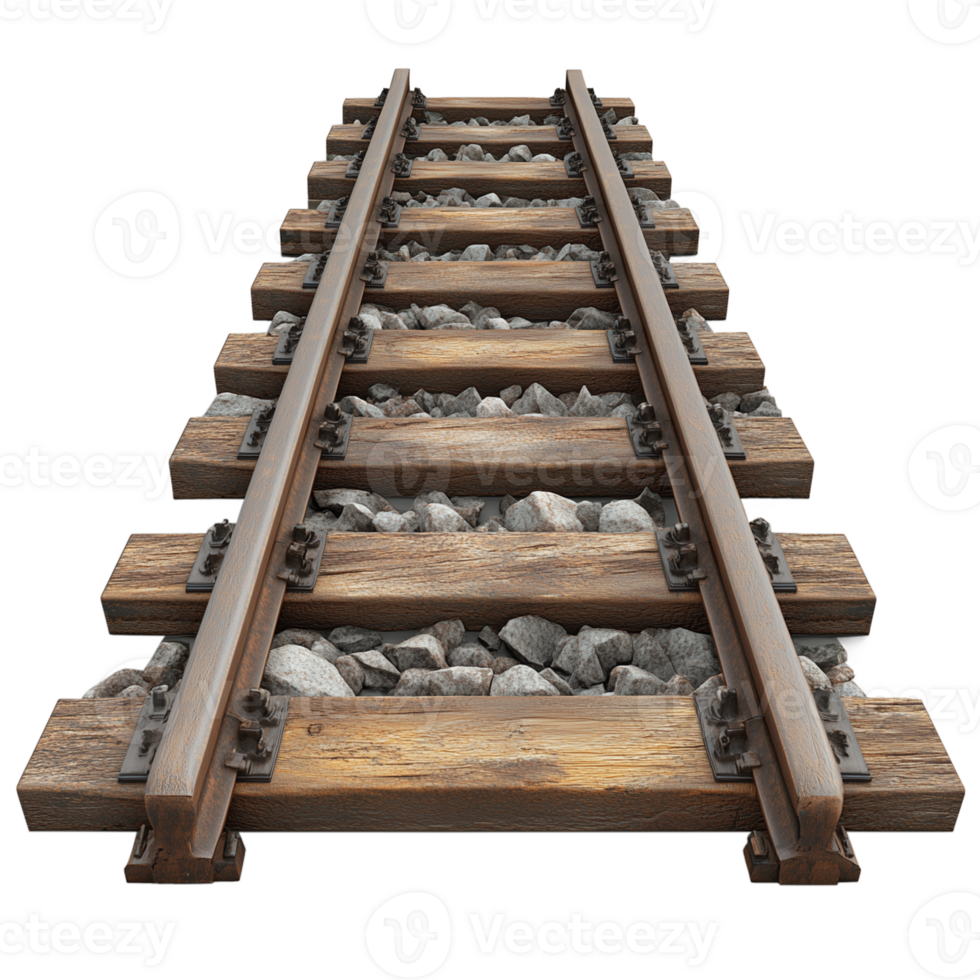 Wooden railway tracks with metal rails, isolated on transparent background png