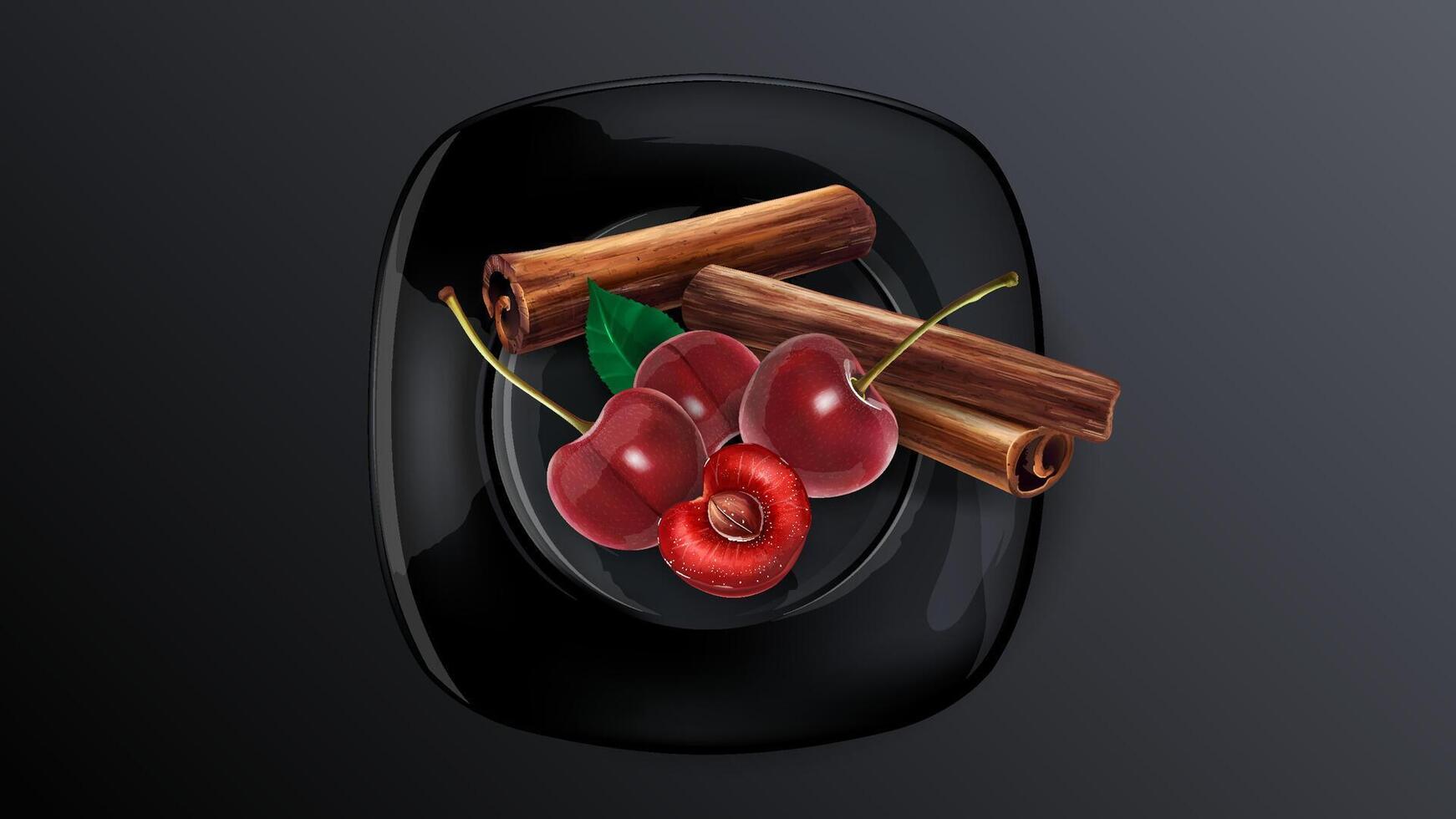 Cherry berries and cinnamon sticks on a black dish. vector