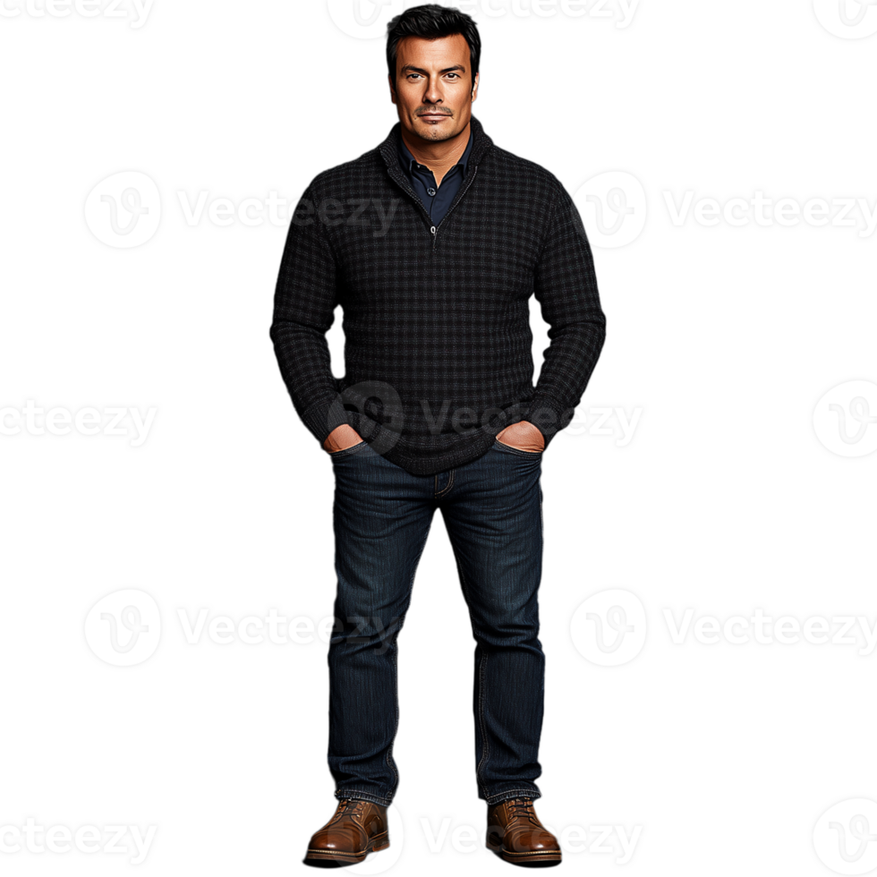 Fullbody portrait of man in dark casual clothes with hands in pockets, isolated on transparent background png