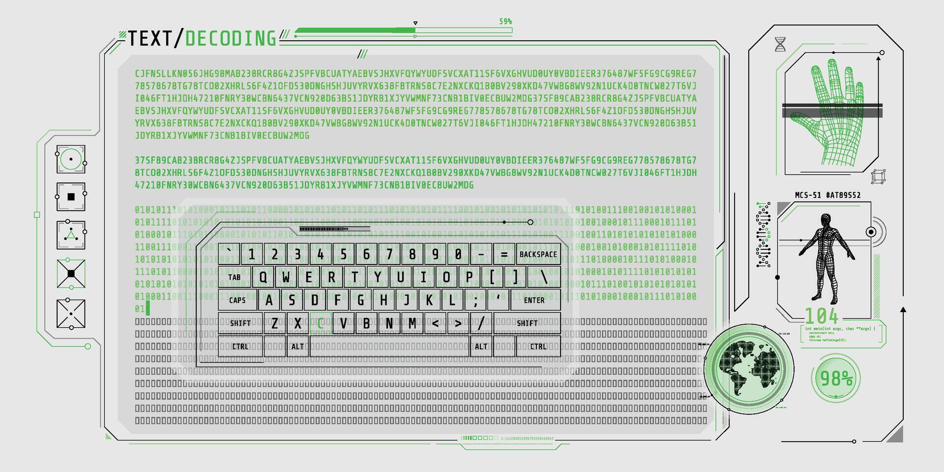 Data entry and text decoding on futuristic interface screen. vector