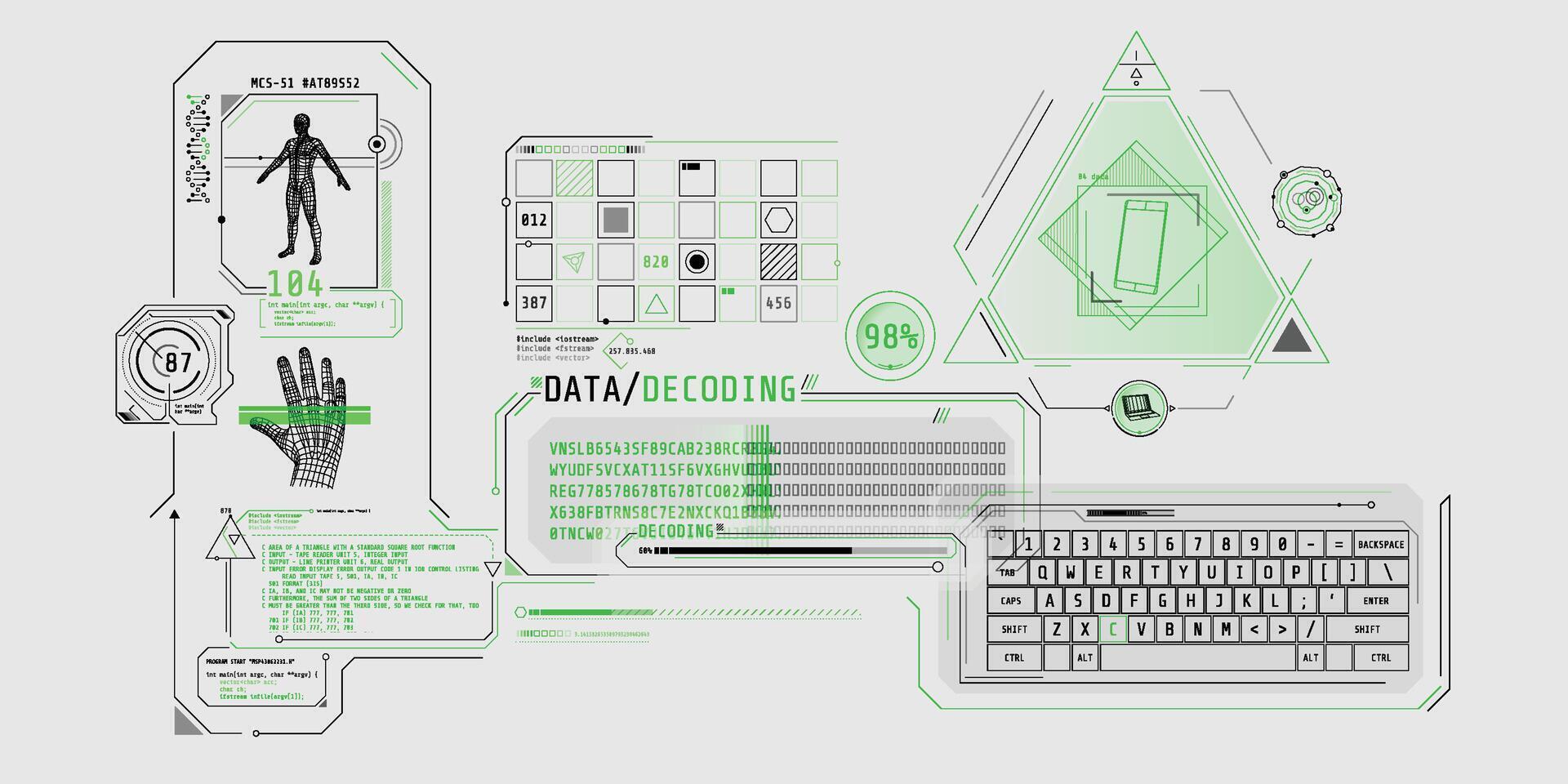 Futuristic HUD interface for entering and decoding personal data. vector