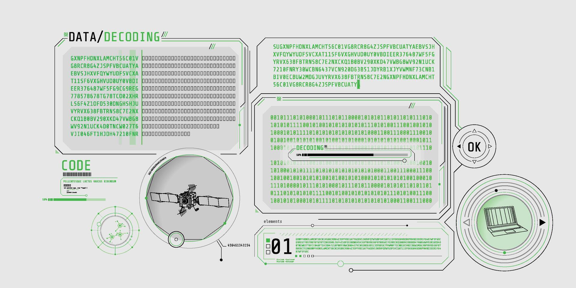 Futuristic interface of satellite data decoding program. vector