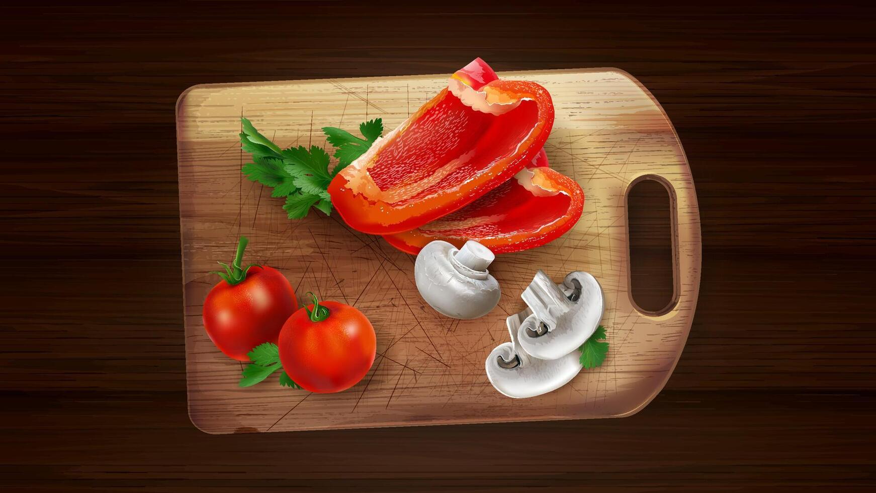 Pepper slices, mushrooms and tomatoes on a cutting board. vector