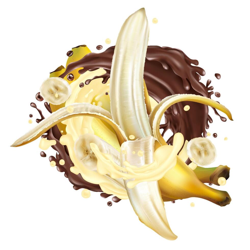 Composition of bananas with chocolate and milk splash. vector