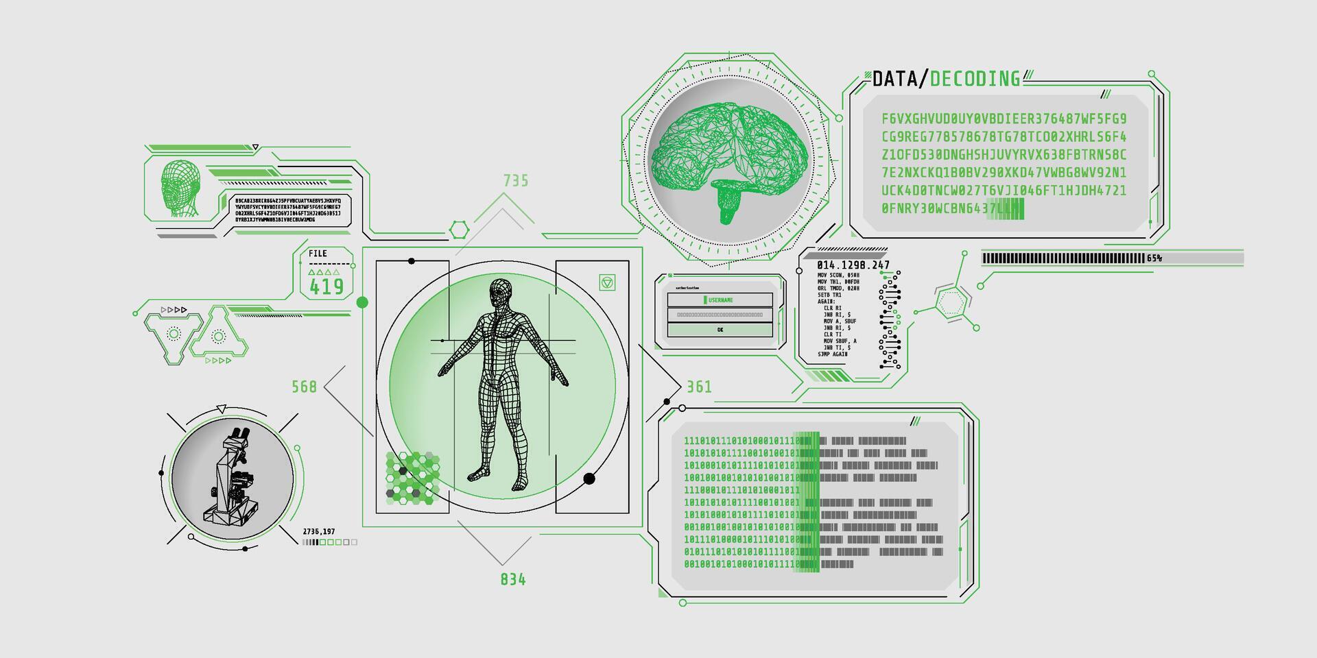 Futuristic brain research program interface with data decoding. vector