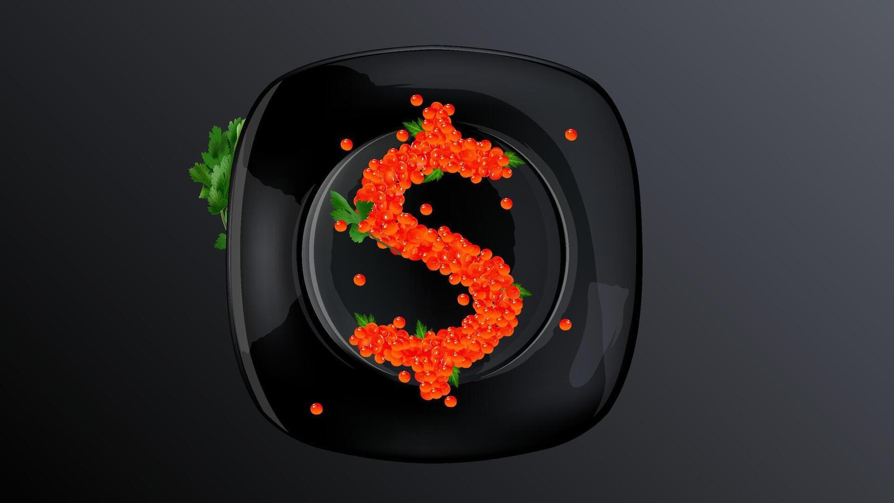 Dollar sign made from red caviar on a black plate. vector
