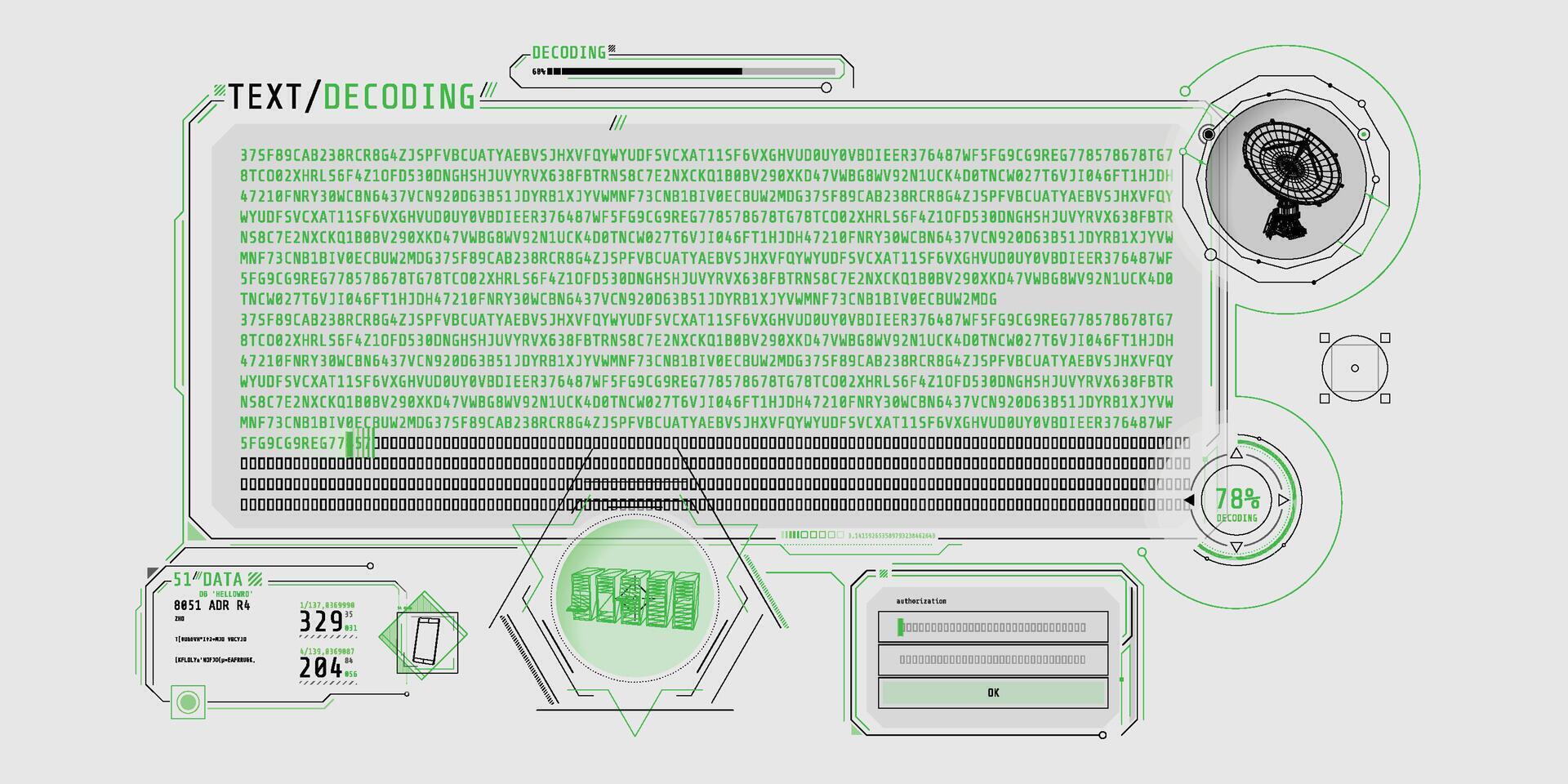 Radio telescope data processing interface with text decoding. vector