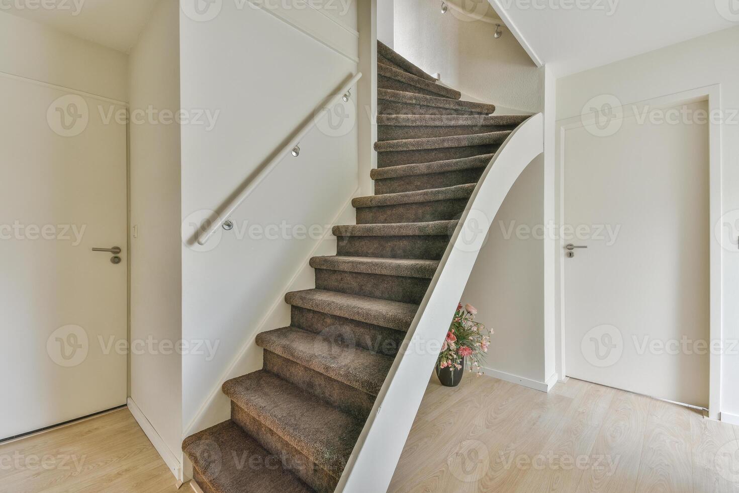 A staircase in a house with a door and a carpet photo