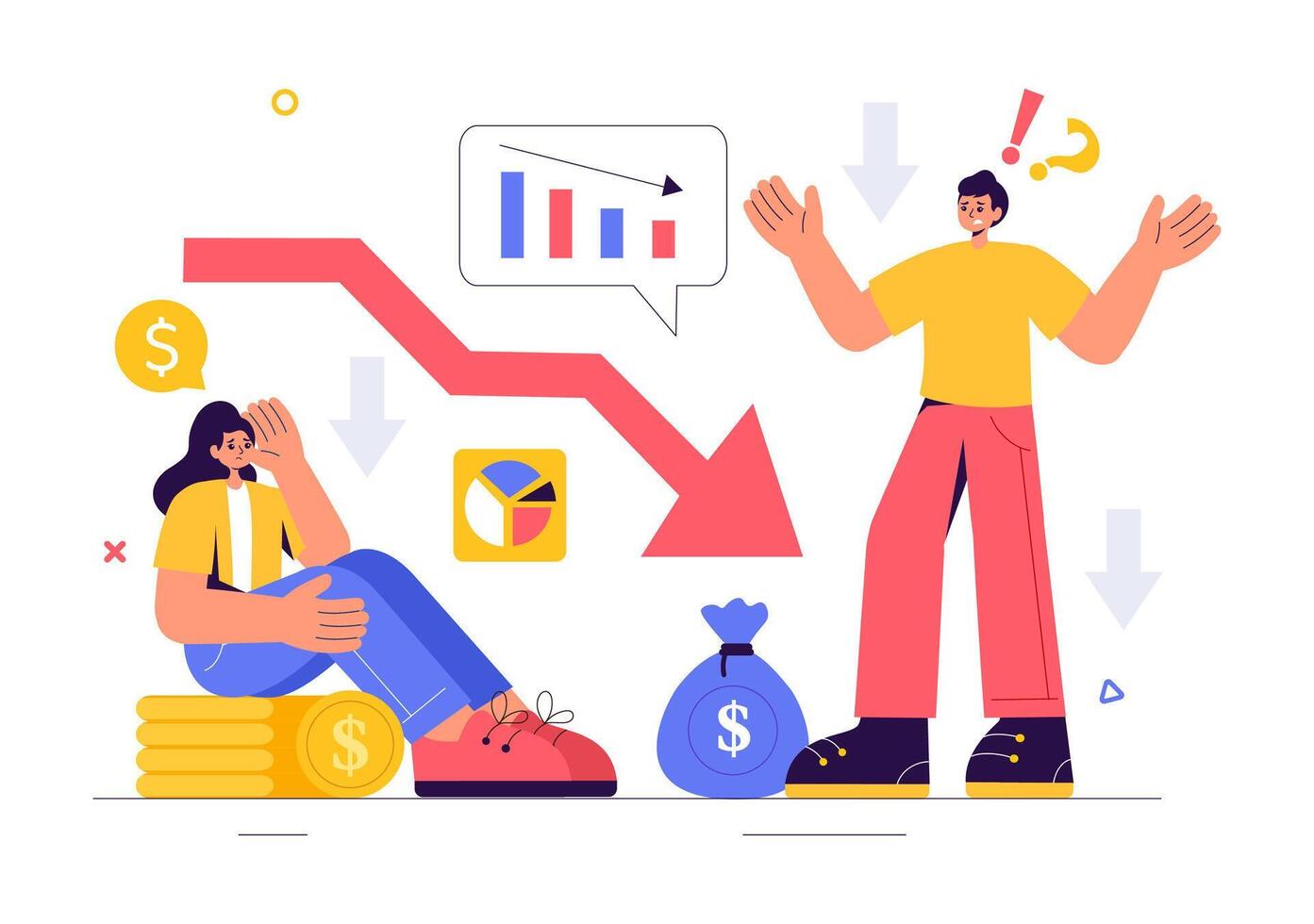 Illustration of Financial Crisis Depicting Bankruptcy and Economic Downfall with a Declining Arrow in Flat Style vector