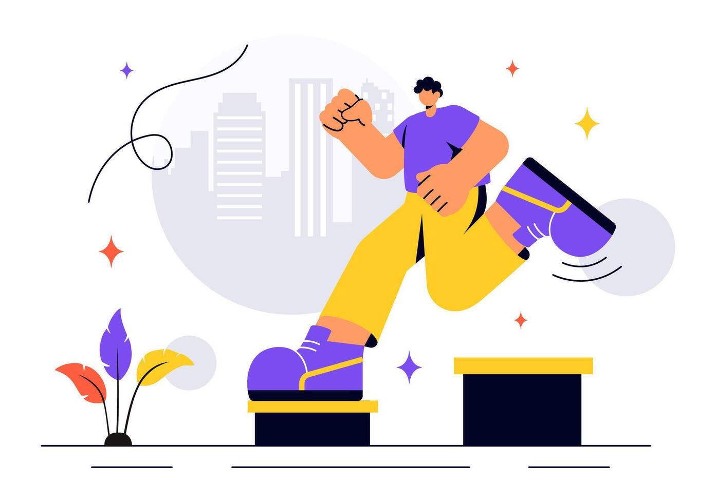 Art of Young Men Practicing Parkour by Leaping Over Urban Barriers and Buildings in Cartoon Style vector