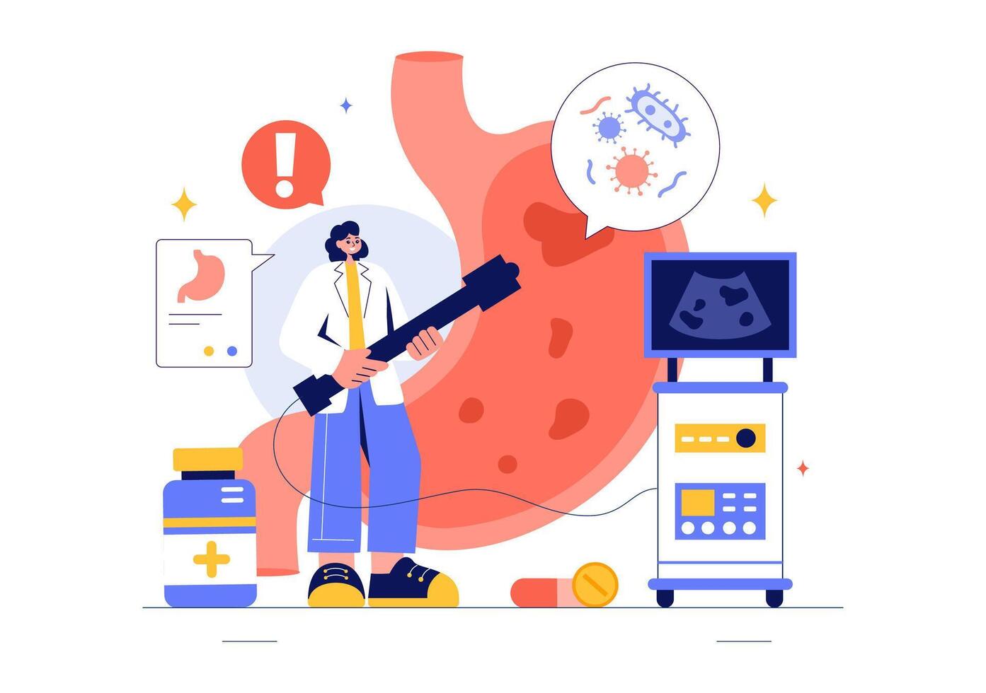Gastrointestinal Health Illustration with Stomach Pain and Medical Diagnostics in Flat Cartoon Style vector