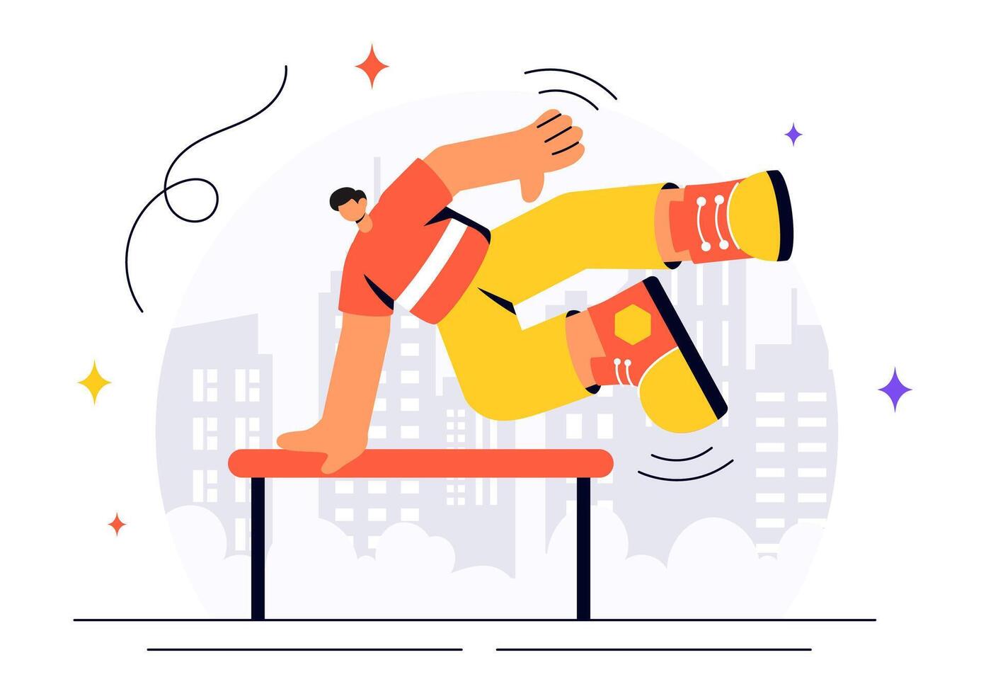 Flat Illustration of Parkour Jumpers Leaping Over City Structures and Barriers in a Cartoon Background vector