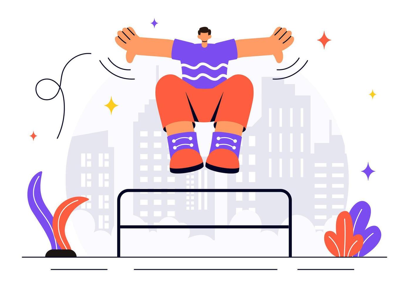 Parkour Design featuring Extreme Sports Athletes Overcoming Urban Obstacles in a Flat Cartoon City vector