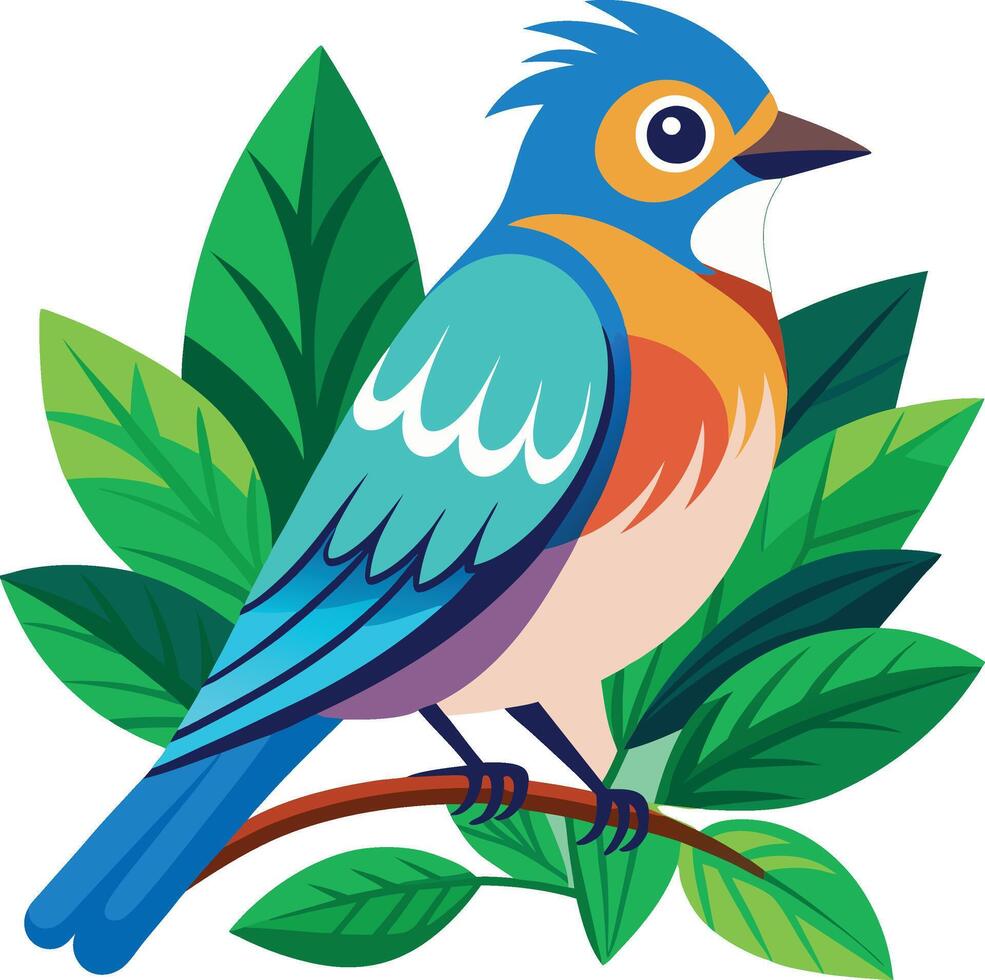 Soothing bird relaxed on a slender leafy branch vector
