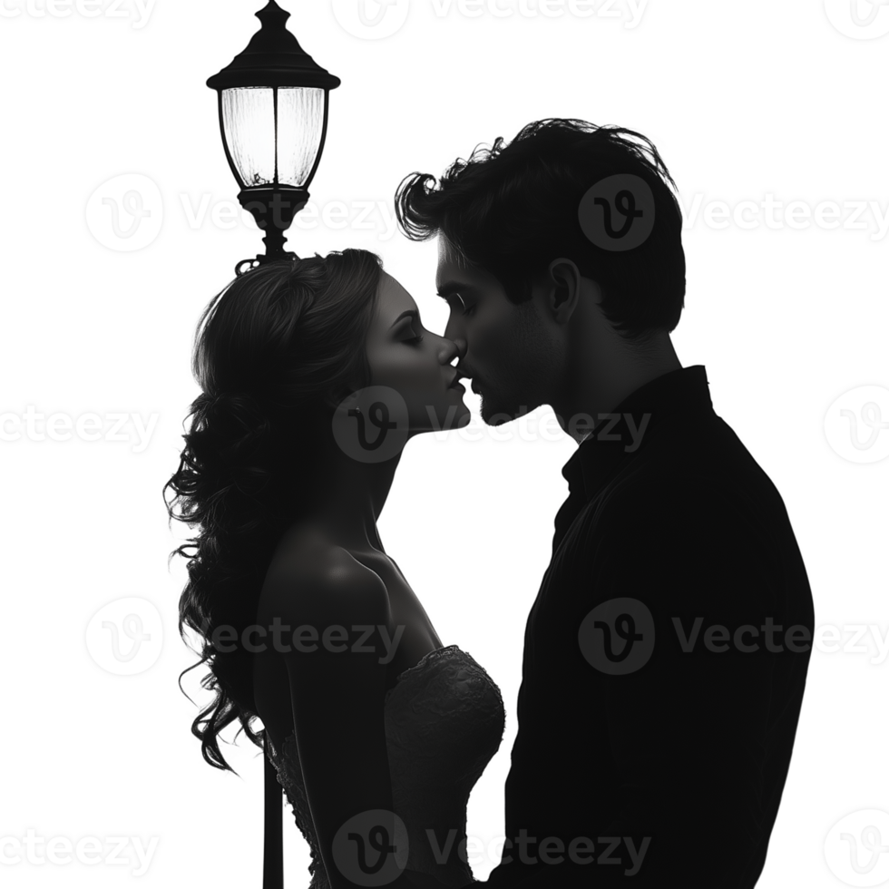 Silhouette of a couple sharing a romantic moment under a street lamp isolated on a transparent background png
