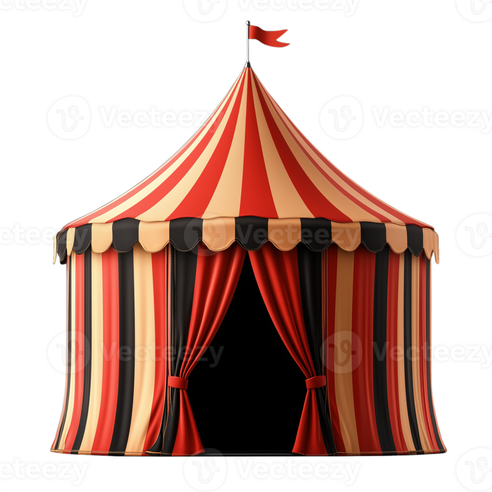 Vintage red and white circus tent with a flag on top isolated on a transparent background png