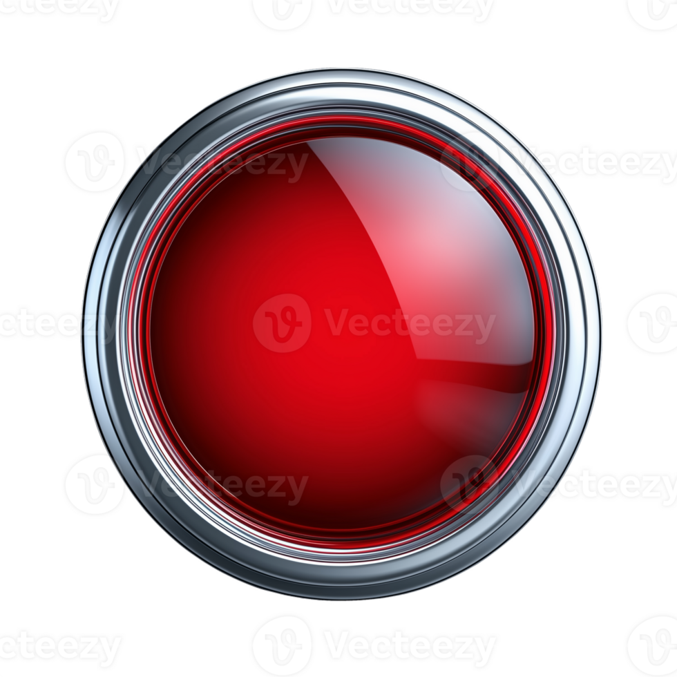 Red push button with a metallic frame isolated on a transparent background png
