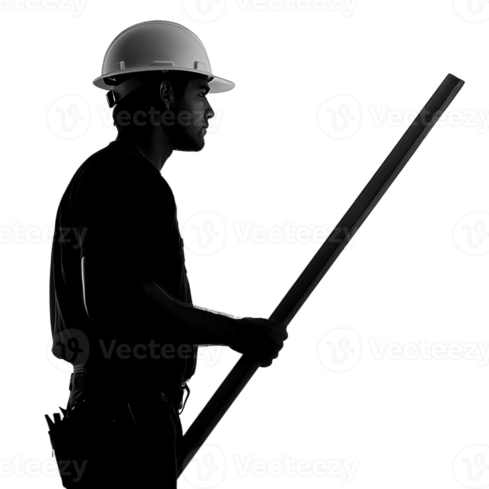 Silhouette of a construction worker holding a metal beam on a transparent background png