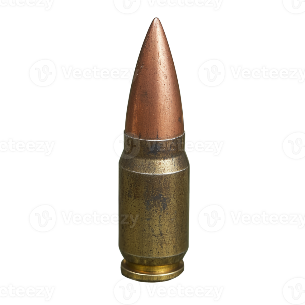 Closeup of a weathered bullet with a copper tip isolated on a transparent background png