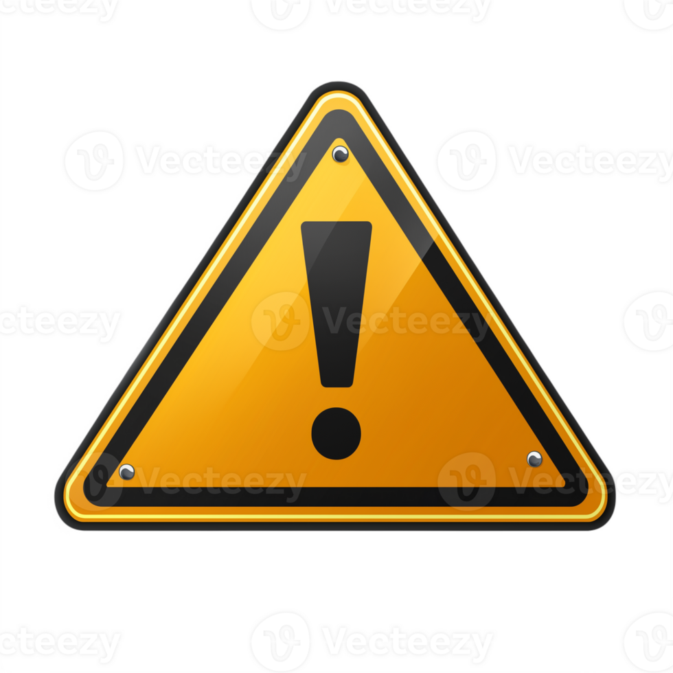Yellow triangular warning sign with an exclamation mark isolated on a transparent background png