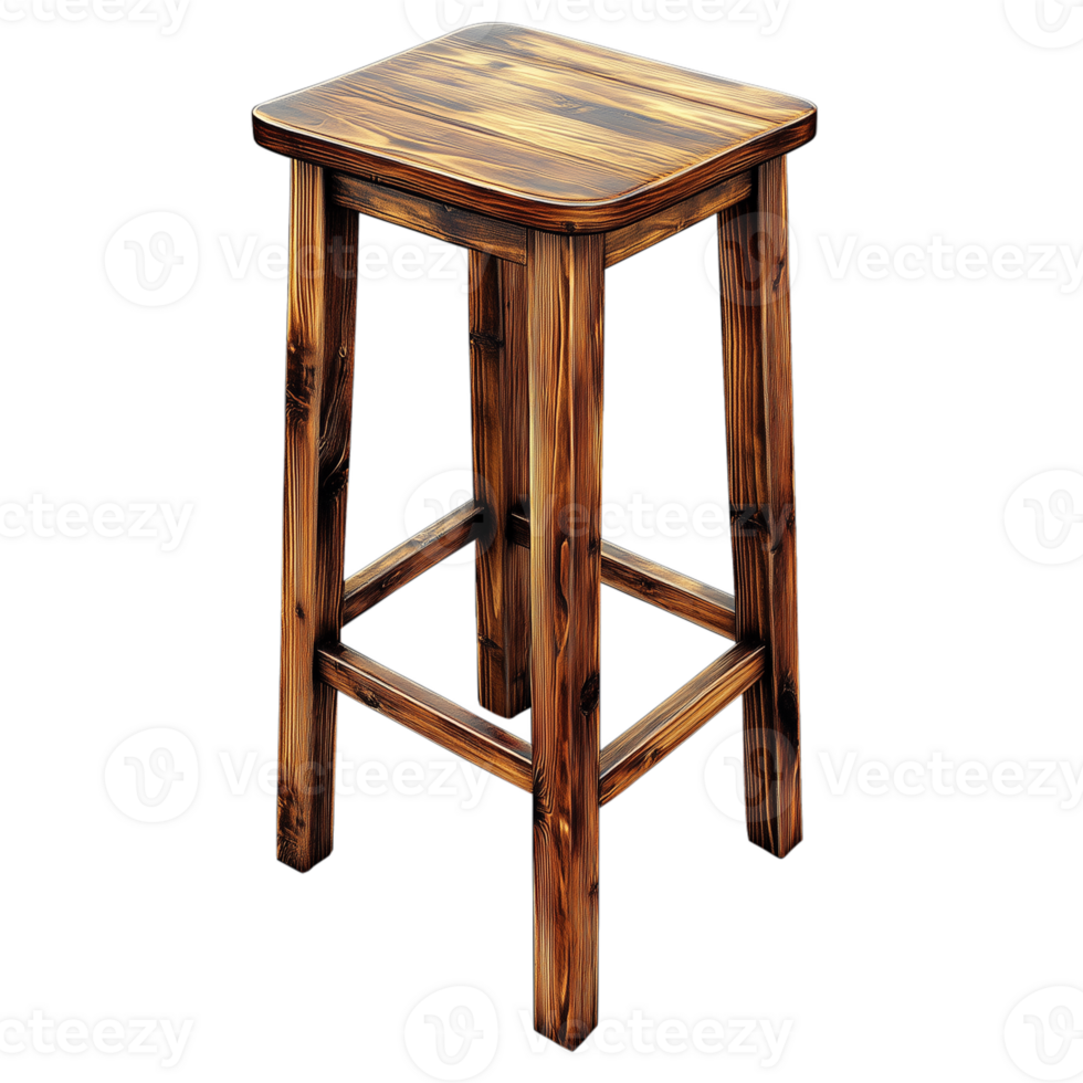 Rustic wooden bar stool with a square seat isolated on a transparent background png