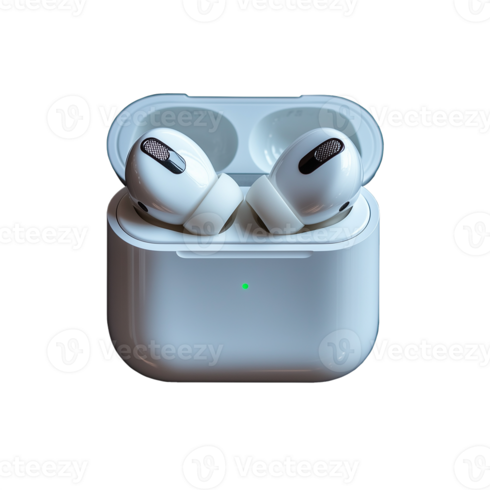 Pair of wireless earbuds in compact charging case on transparent background png