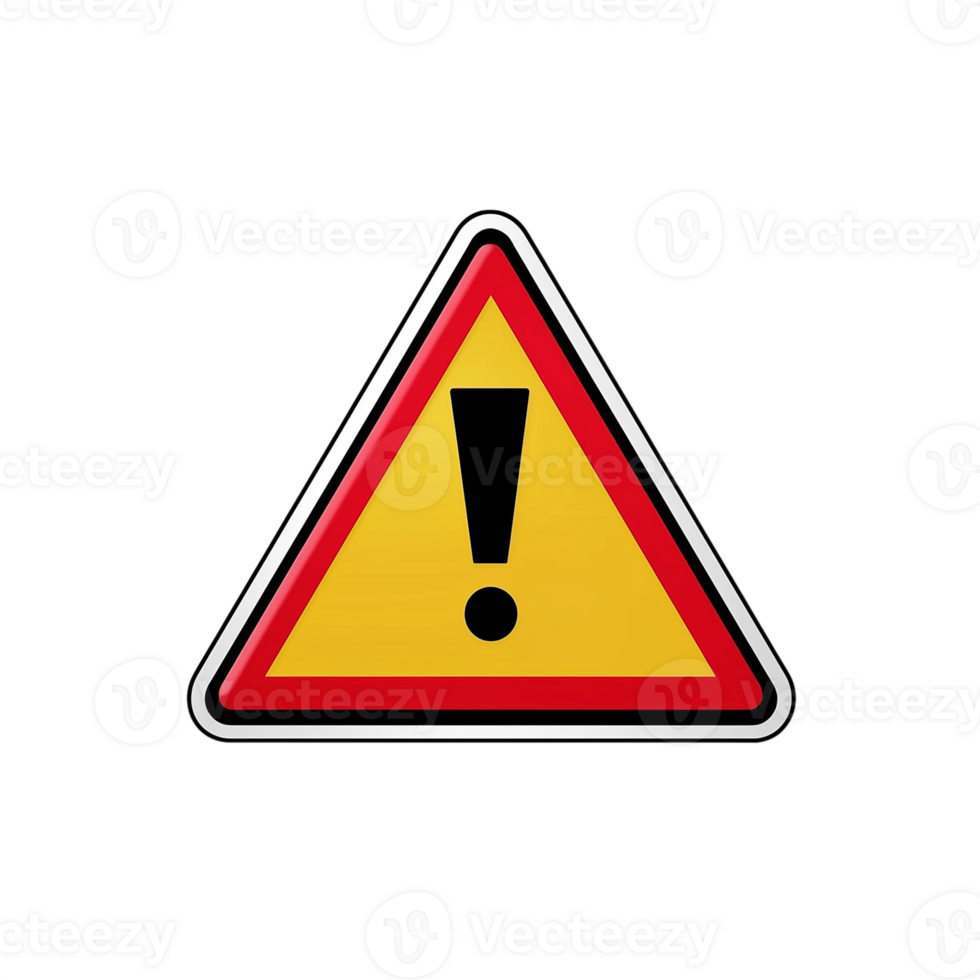 Red triangular warning sign with a black exclamation mark isolated on a transparent background png