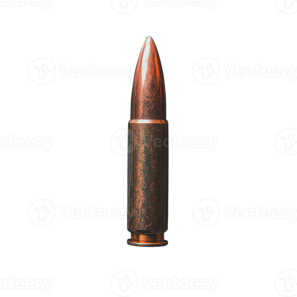 Closeup of a single bullet with a copper tip isolated on a transparent background png