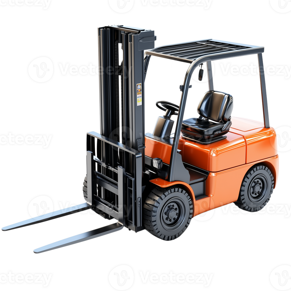 Orange forklift truck with a raised fork isolated on a transparent background png