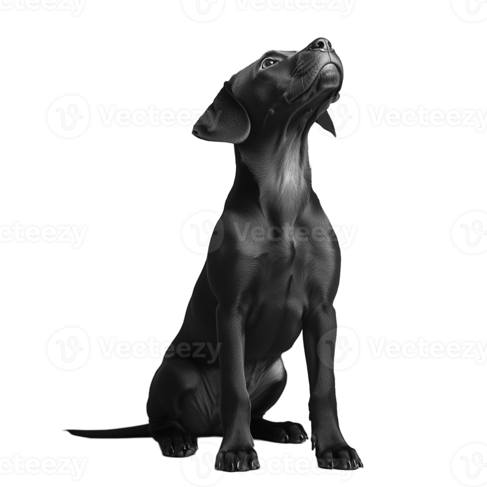 Cute black Labrador puppy sitting and looking up isolated on a transparent background png
