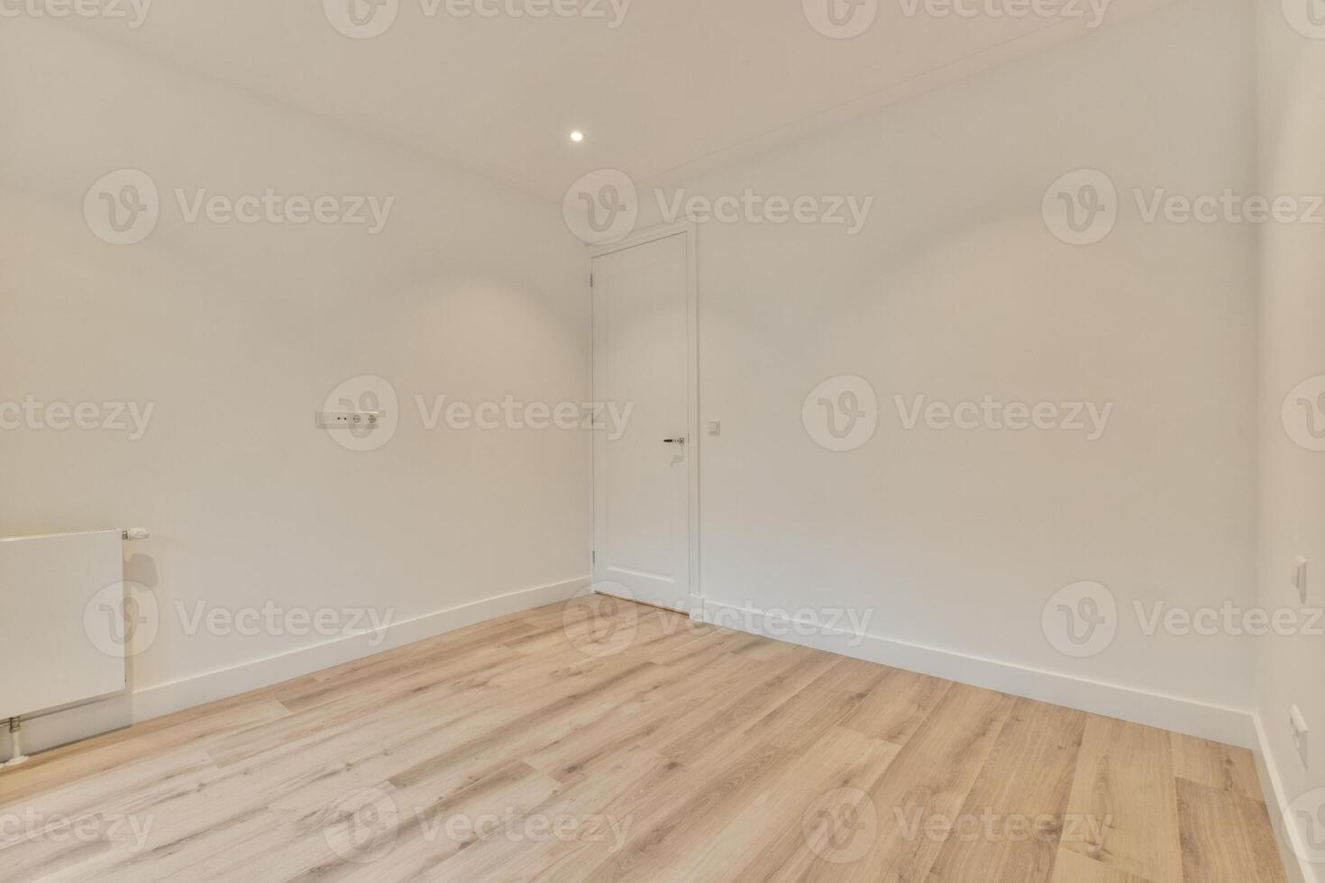 An empty room with wooden floors and white walls photo