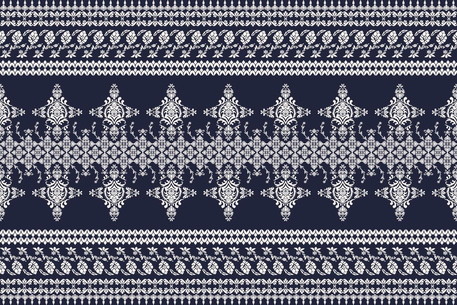 Motifs African boho paisley Floral Ikat pattern embroidery border. Ethnic ikat floral Ethnic Indian Pattern Ikat pattern Ethnic Pattern.Border indian floral Aztec embroidery border navy background. vector