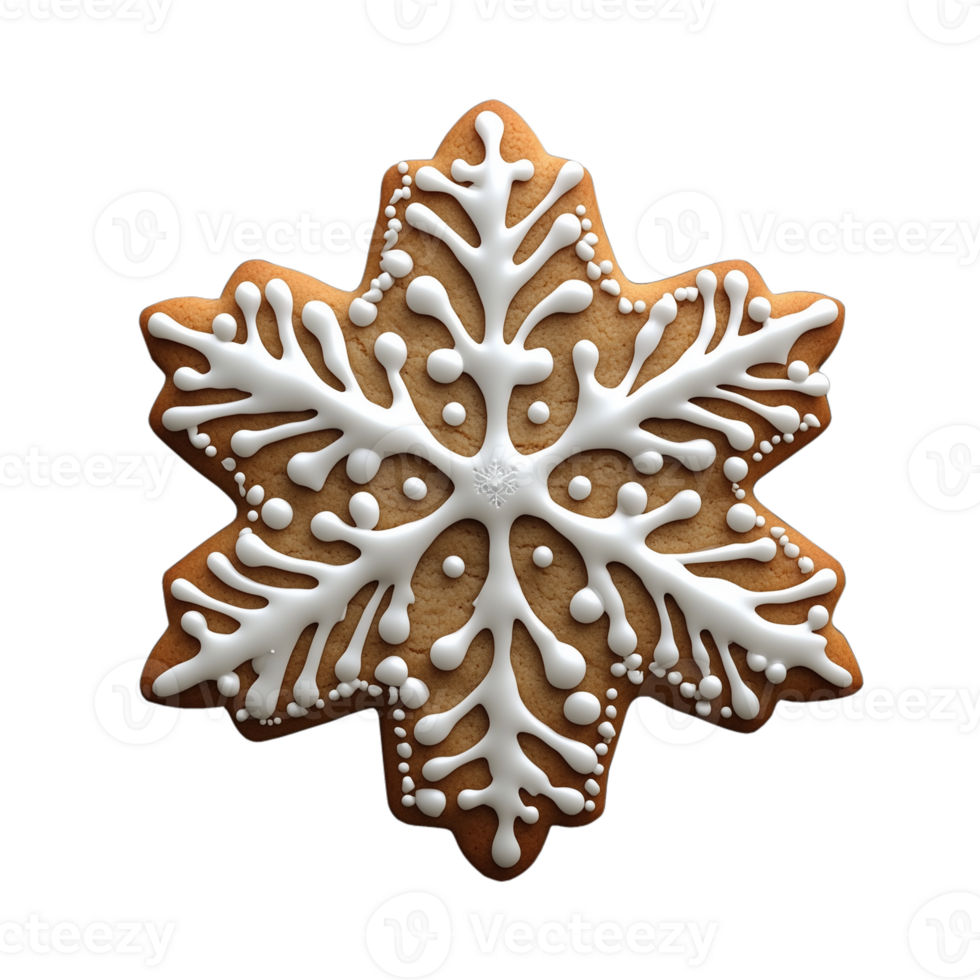 Decorated gingerbread snowflake cookie with transparent icing isolated on transparent background png