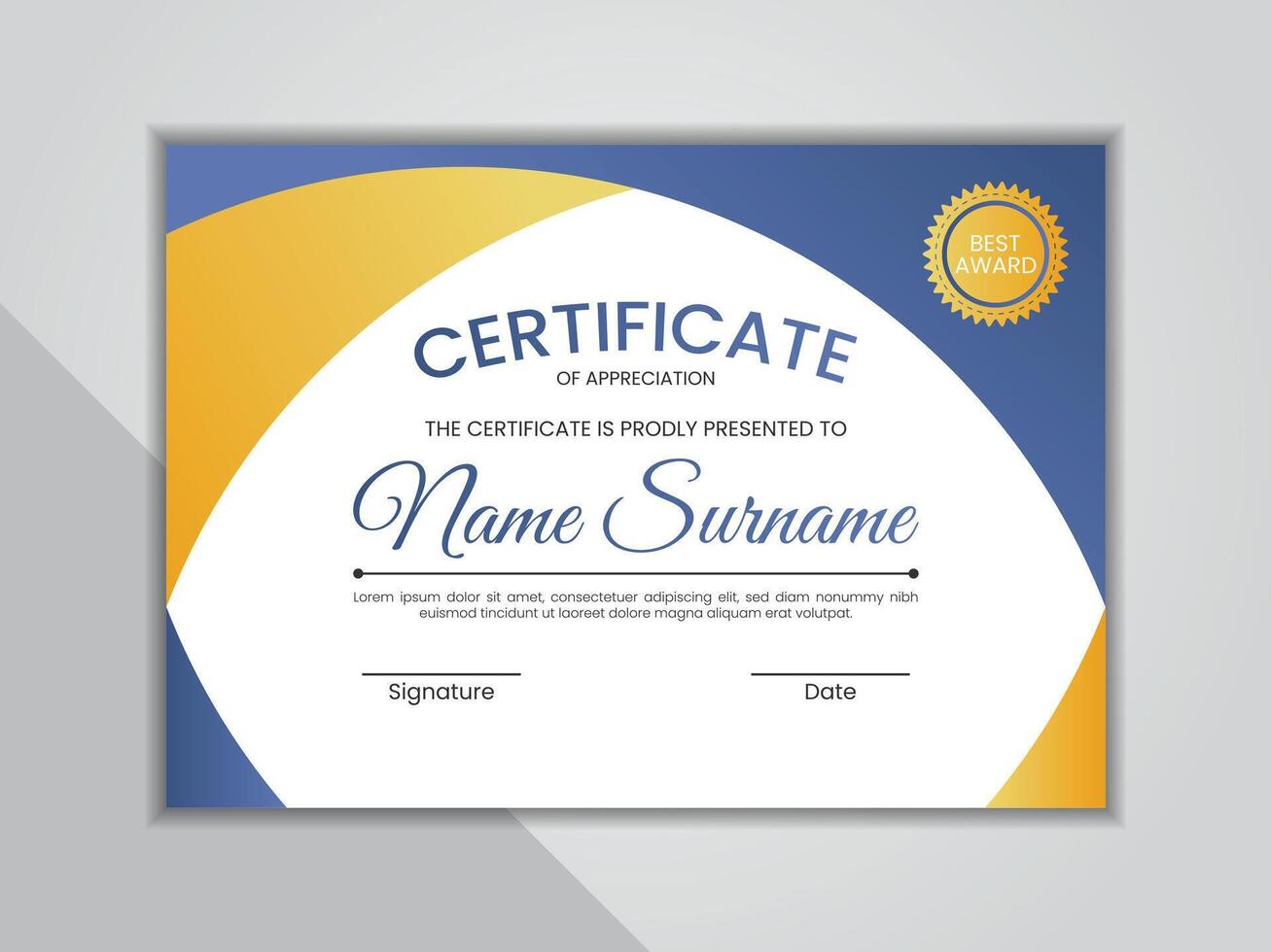 Free Blue and gold certificate template with badge. vector