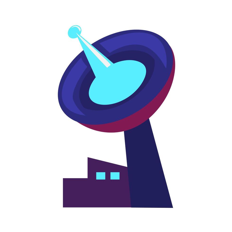 Large blue satellite dish near small building suitable for illustrating telecommunications, technology, connectivity themes in presentations, websites, and promotional materials vector