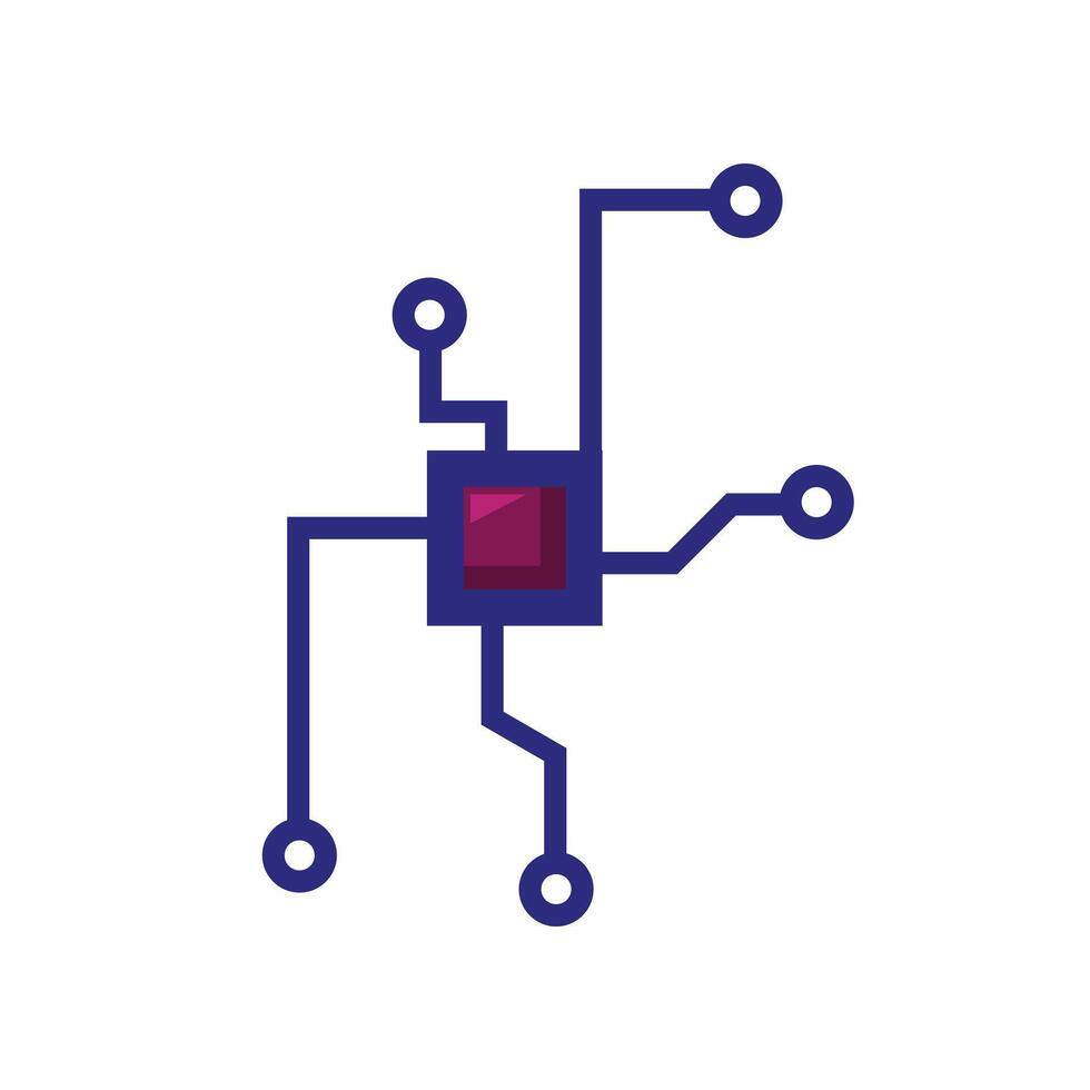 Blue circuit board with red square component and connecting points. Technology, electronics, innovation, robotics, engineering, computer science, data visualization projects vector