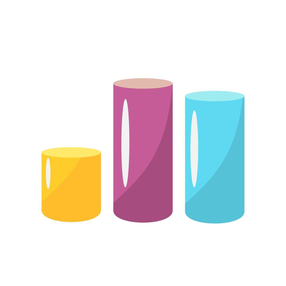 Three colorful cylinders of varying sizes yellow, purple, and blue ideal for graphic design projects, educational materials, and creative concepts vector