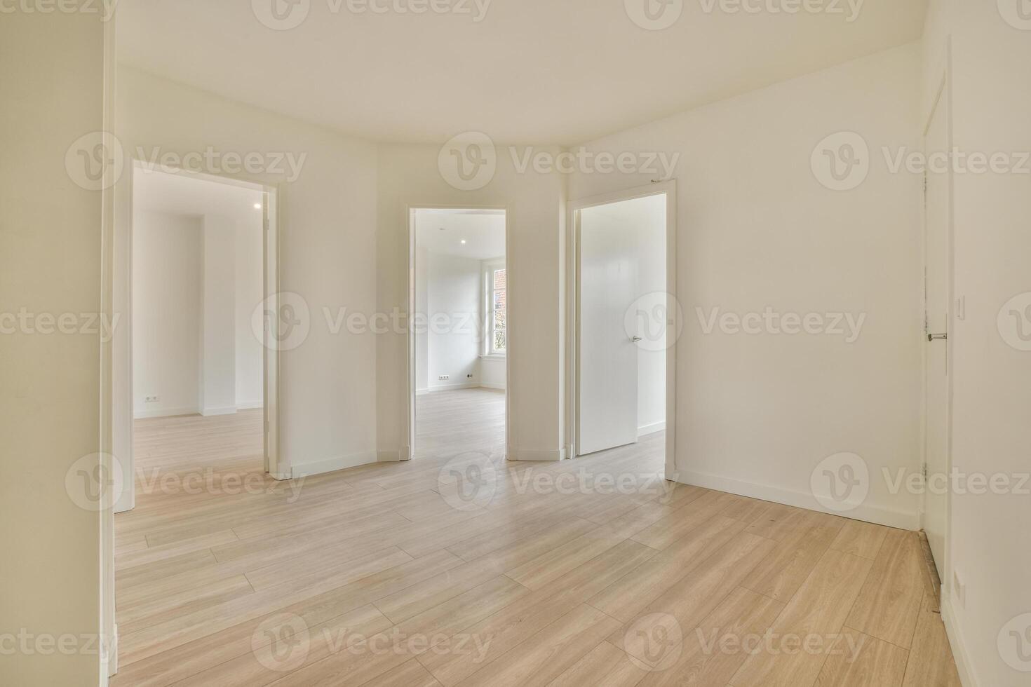 Empty room with white walls and wooden floors photo