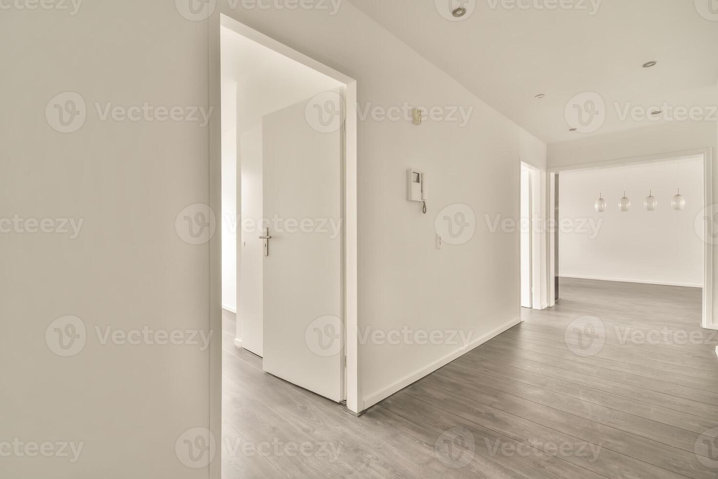 Empty hallway with wooden floor and white walls photo