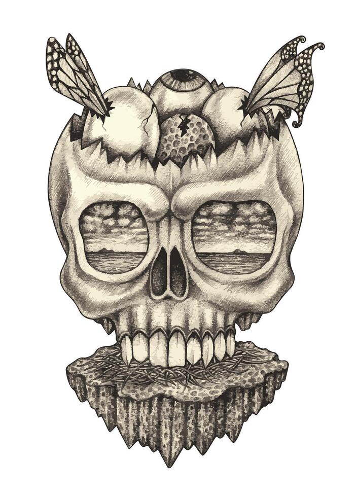 Surrealist art skull design by hand drawing on paper. vector