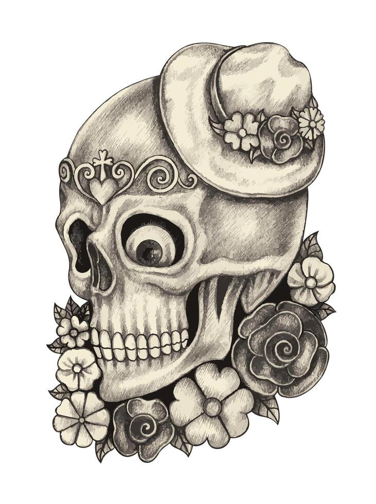 Fancy sugar skull day of the dead design by hand drawing on paper. vector