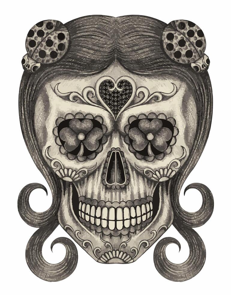 Girl sugar skull day of the dead design by hand drawing on paper. vector