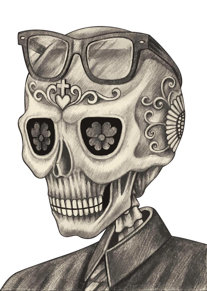 Sugar skull day of the dead design by hand drawing on paper. vector