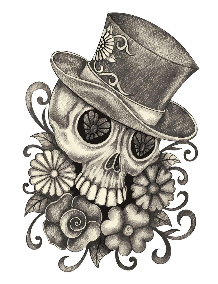 Sugar skull gentlemen day of the dead design by hand drawing on paper. vector