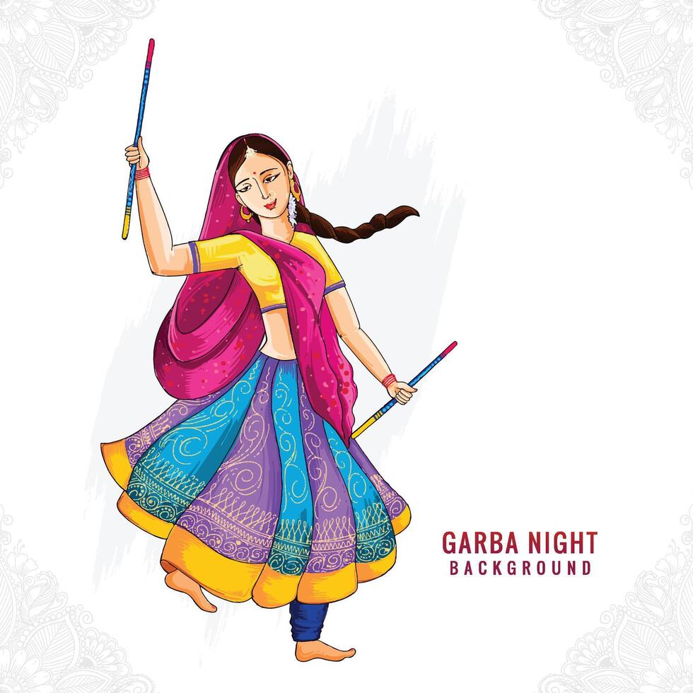 Beautiful couple playing dandiya in disco garba night background vector