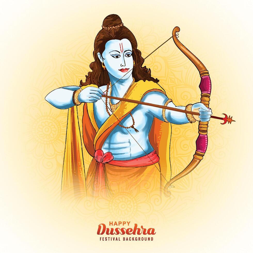 Lord rama with arrow killing ravana in navratri festival card background vector
