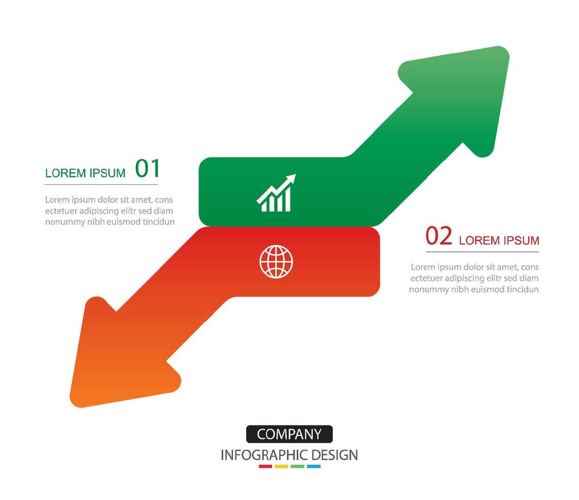 2 data infographics arrow up and down layout template. Illustration red and green arrow stocks abstract background. vector