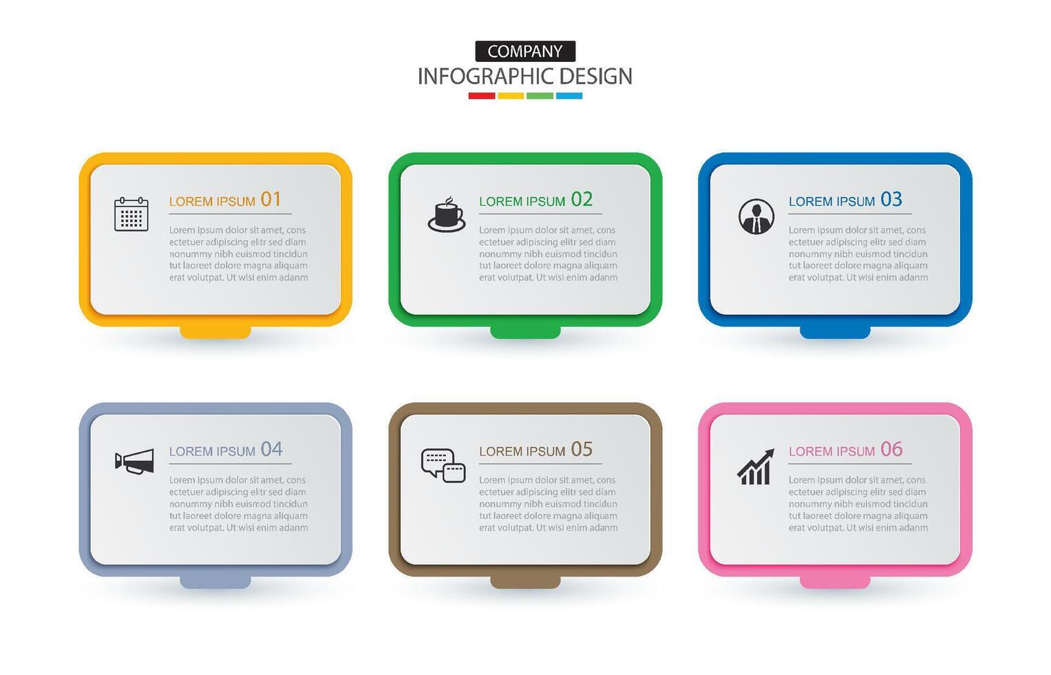 6 data infographics rectangle layout paper template. Illustration business abstract background. vector