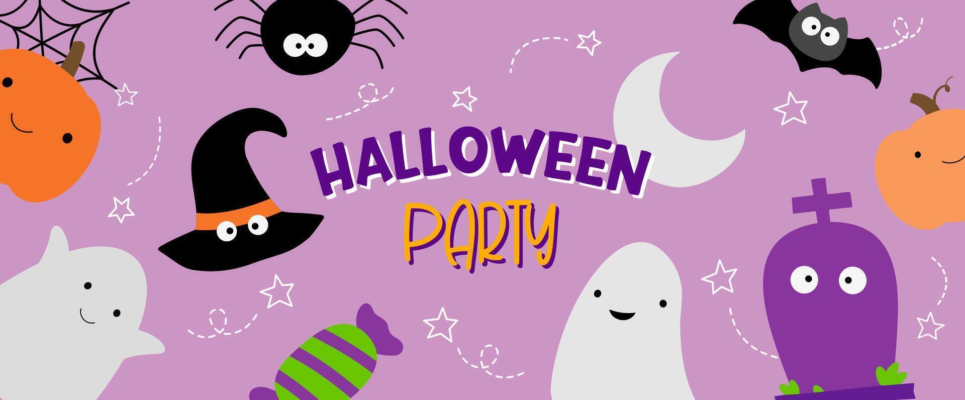 Halloween party banner for kids, hand drawn style, cute background design. vector