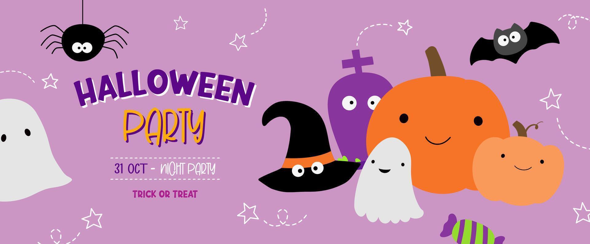 Halloween party banner for kids, hand drawn style, cute background design. vector